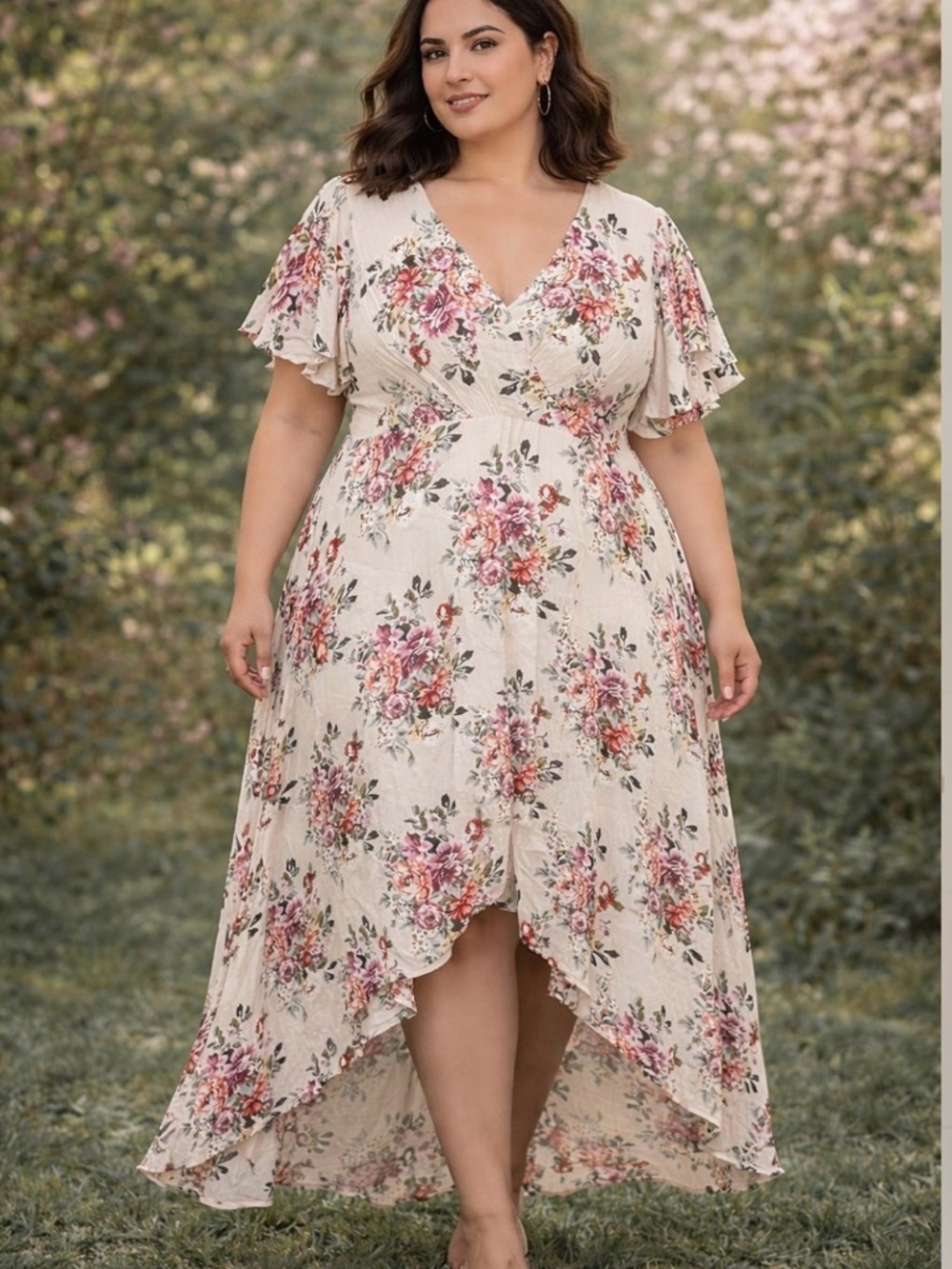 Floral High-Low V-Neck Maxi Dress in Cream. PTP 20.